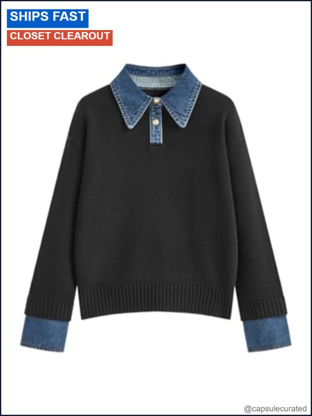 Oversized Denim Panel Polo Knit Sweater Womens Ribbed Pullover
